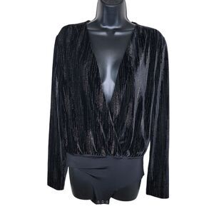 Zara Black Velvet Bodysuit Womens Medium Gold Glitter Plunge Neckline